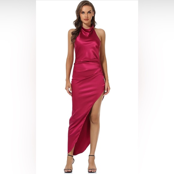 CMZ2005 Women Sexy Backless Elegant Halter Neck Satin Maxi Dress High Side slit - Picture 2 of 6